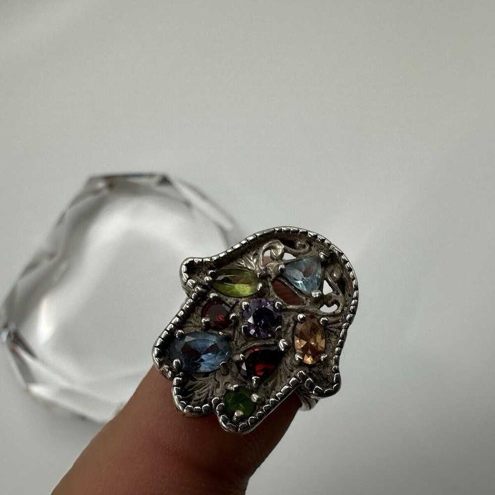 Vintage Sterling Silver Hamsa Hand Ring Multi Col… - image 6