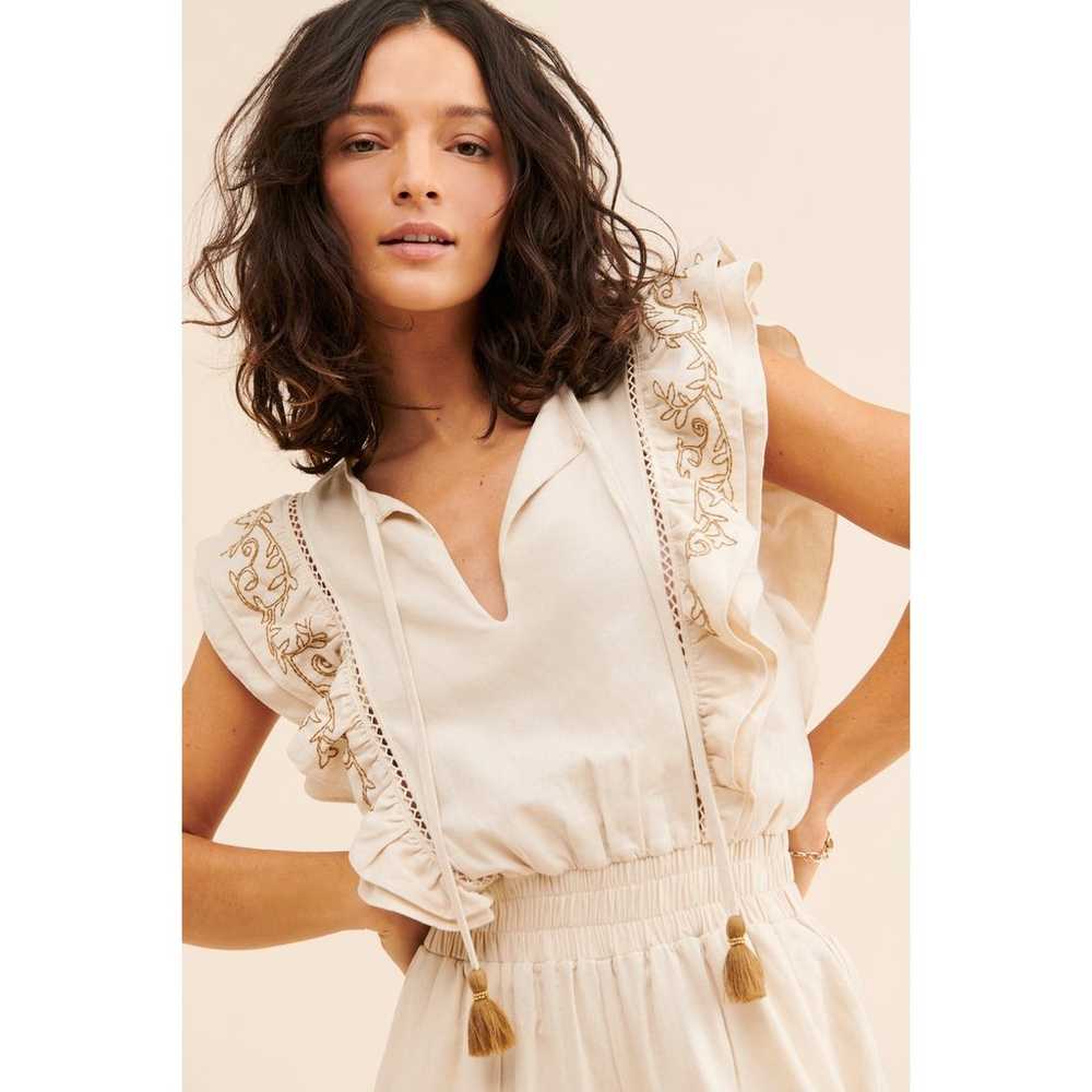 Especia Flora Tan Ruffle Embroidered Linen Jumpsu… - image 3