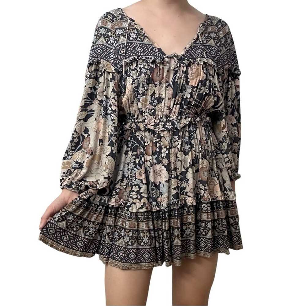 Spell Mini Dress Long Sleeve Boho Gray Floral Pla… - image 1