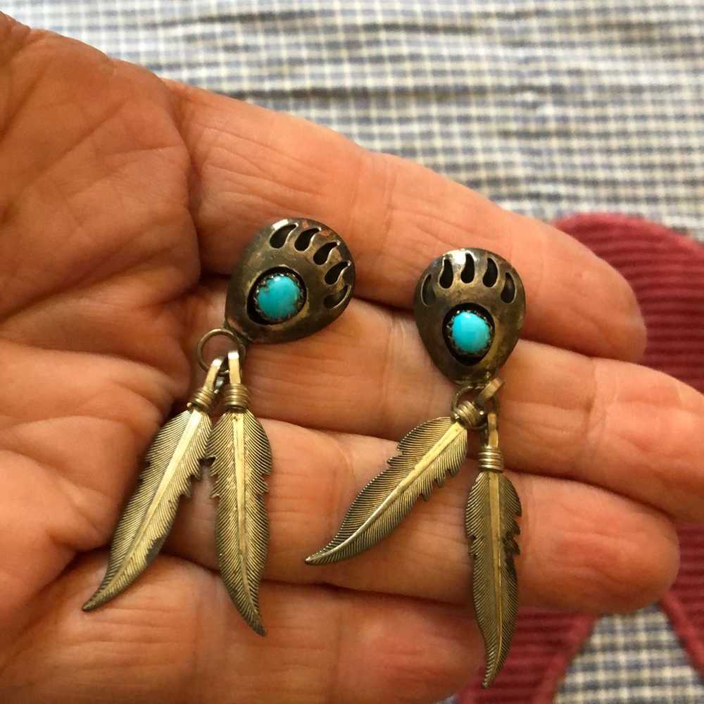 Native sterling bear claw turquoise earrings - image 3