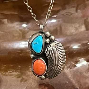 Turquoise Coral Two Stone Sterling Silver Feather… - image 1