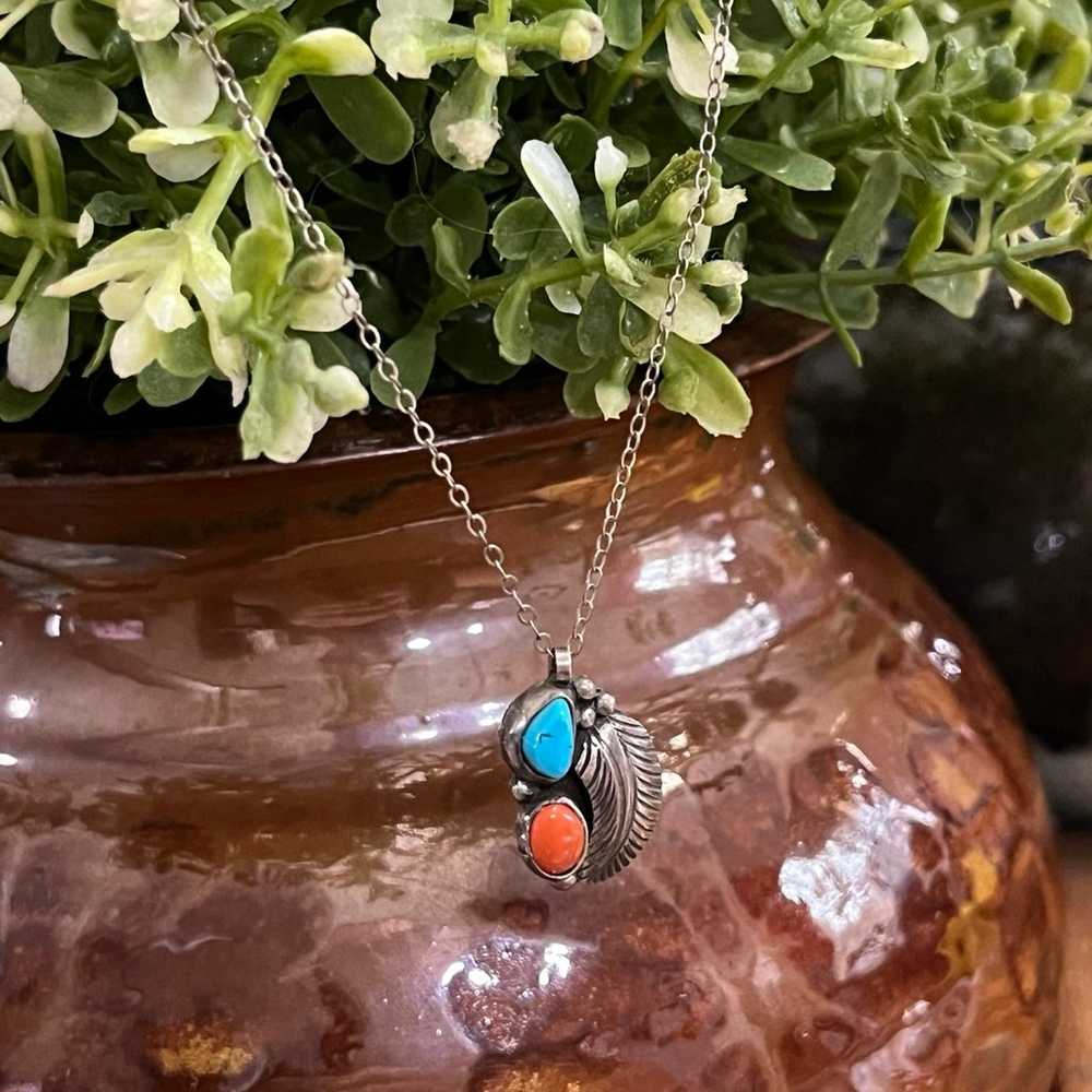 Turquoise Coral Two Stone Sterling Silver Feather… - image 2