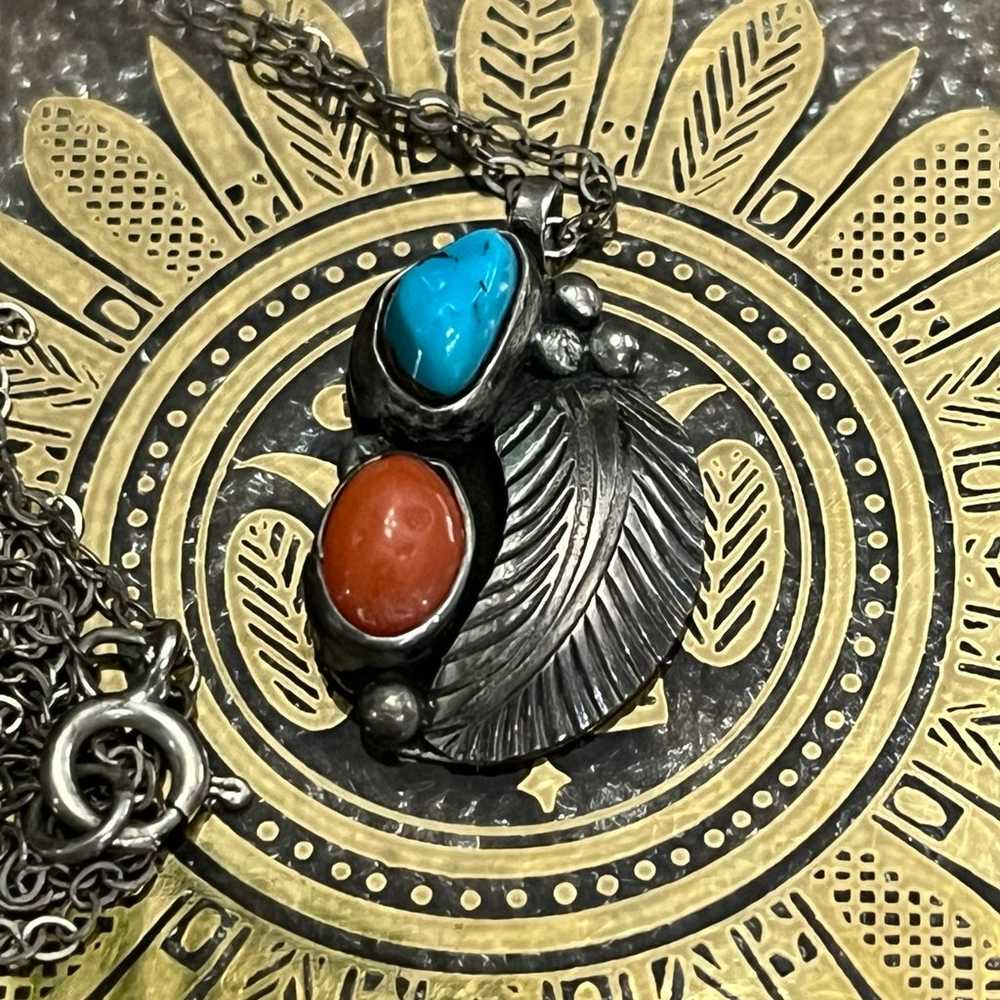 Turquoise Coral Two Stone Sterling Silver Feather… - image 5