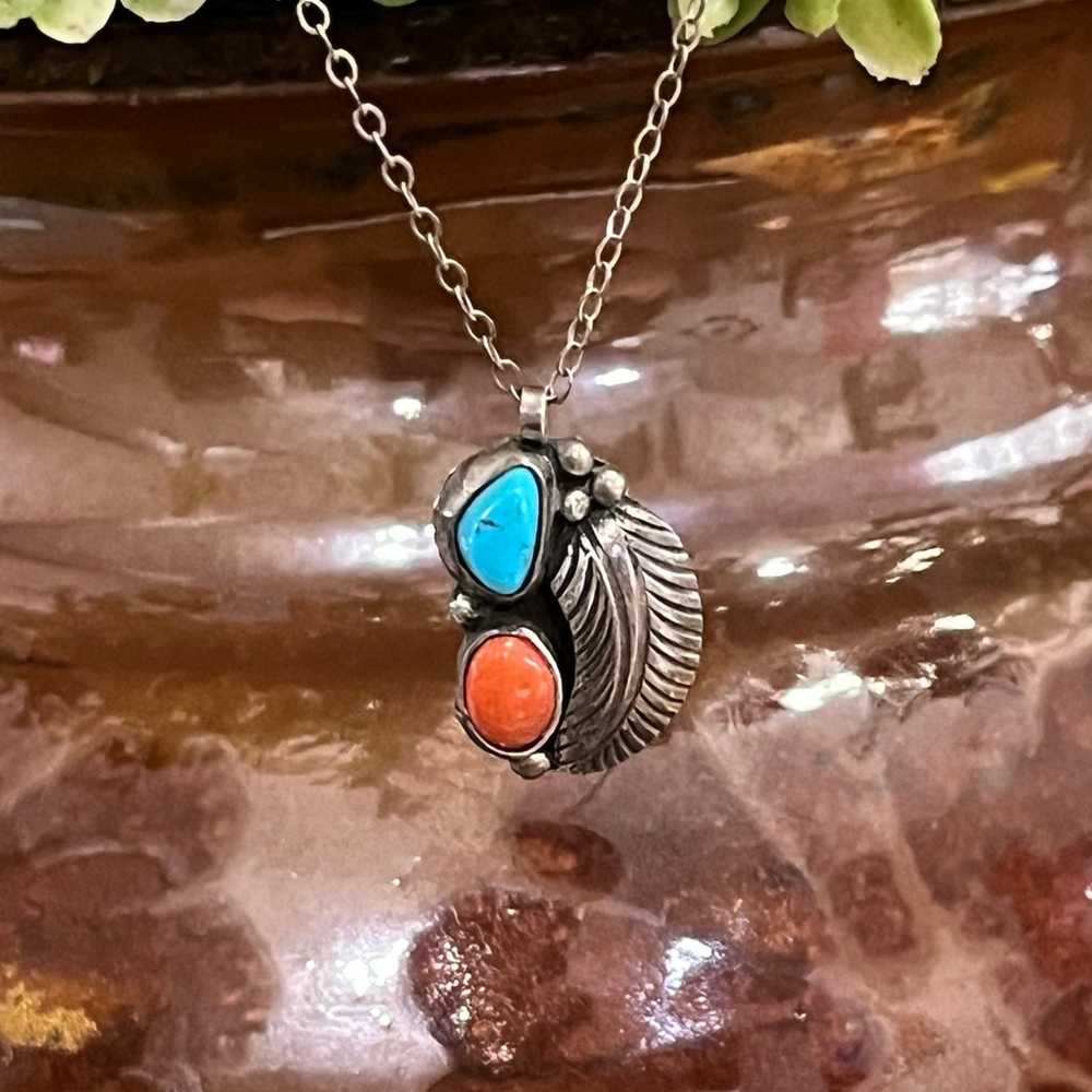 Turquoise Coral Two Stone Sterling Silver Feather… - image 8