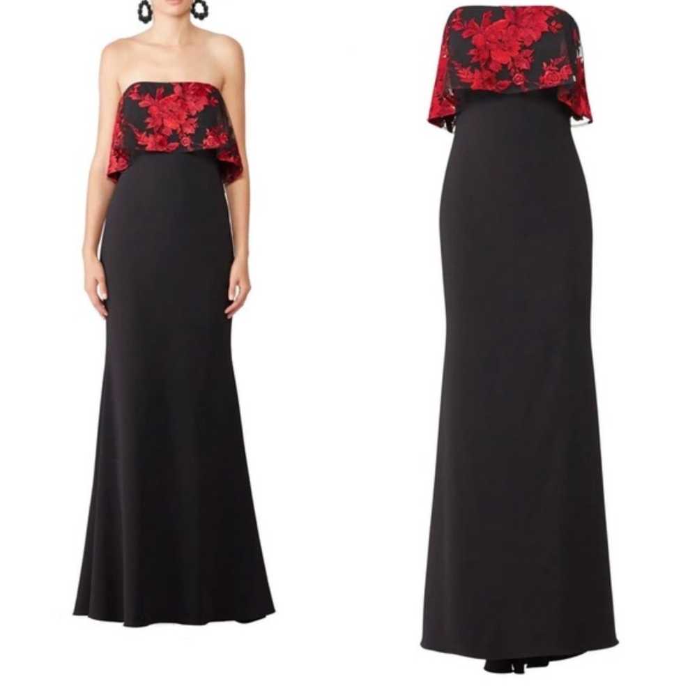 Badgley Mischka Floral Gown Dress Black Red Flora… - image 1