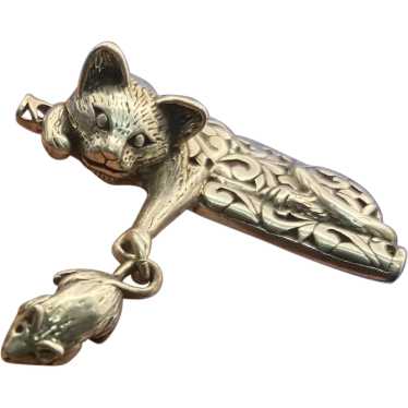 Sterling Silver Filigree Pin Brooch, Cat Dangling… - image 1