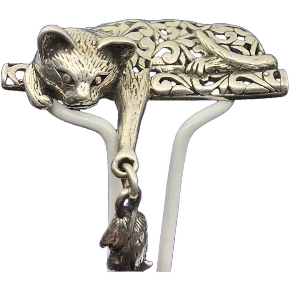 Sterling Silver Filigree Pin Brooch, Cat Dangling… - image 2