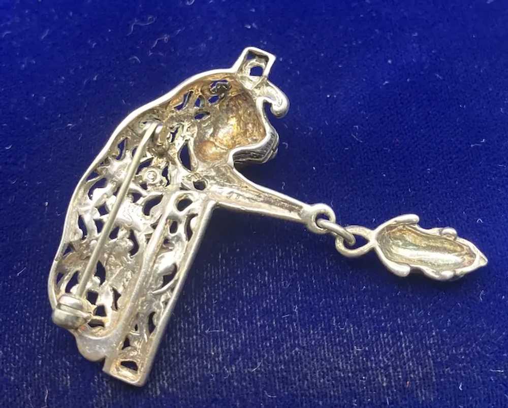 Sterling Silver Filigree Pin Brooch, Cat Dangling… - image 3