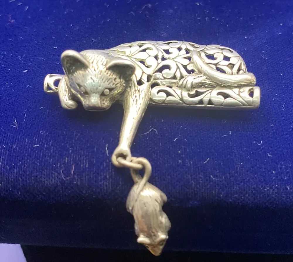 Sterling Silver Filigree Pin Brooch, Cat Dangling… - image 4