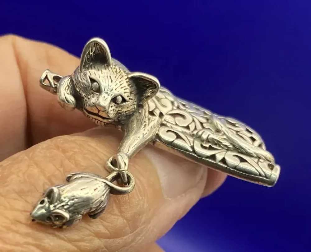 Sterling Silver Filigree Pin Brooch, Cat Dangling… - image 6