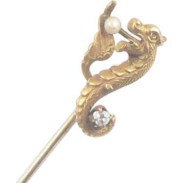 10K Gold, Diamond and Pearl Dragon Stick Pin - image 1