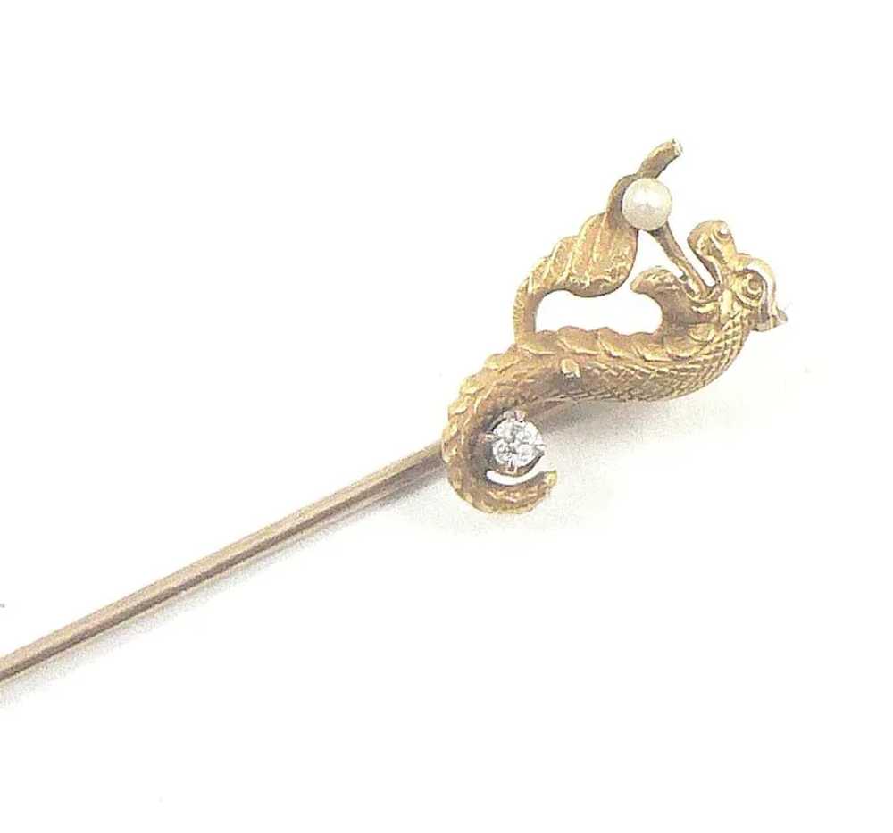 10K Gold, Diamond and Pearl Dragon Stick Pin - image 3