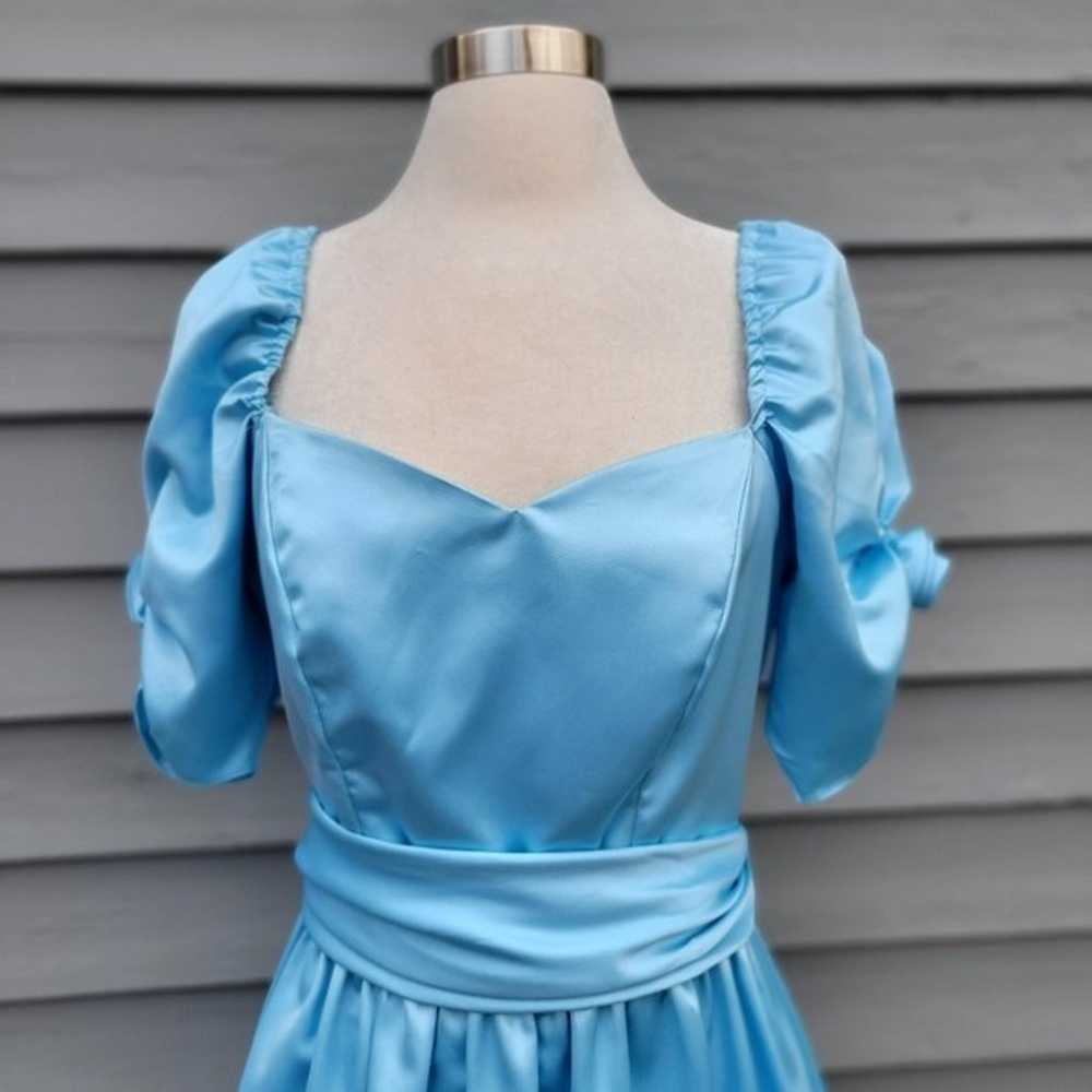 Vintage 80s Retro Pin Up Girl Blue Satin Puffed S… - image 2