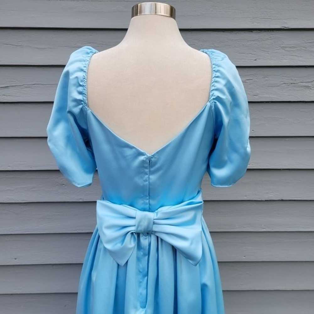 Vintage 80s Retro Pin Up Girl Blue Satin Puffed S… - image 3