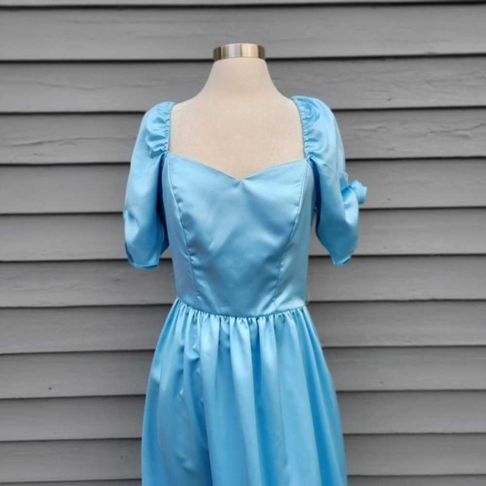 Vintage 80s Retro Pin Up Girl Blue Satin Puffed S… - image 4