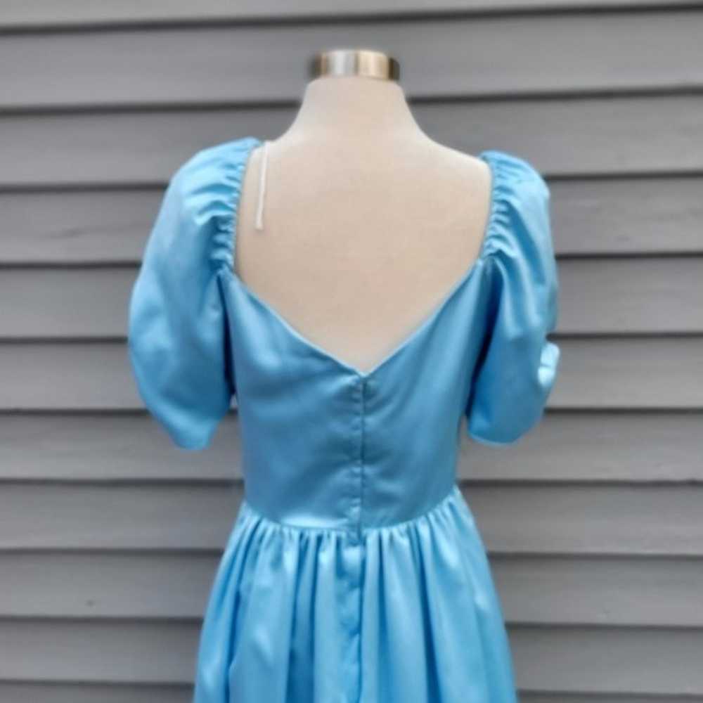 Vintage 80s Retro Pin Up Girl Blue Satin Puffed S… - image 5