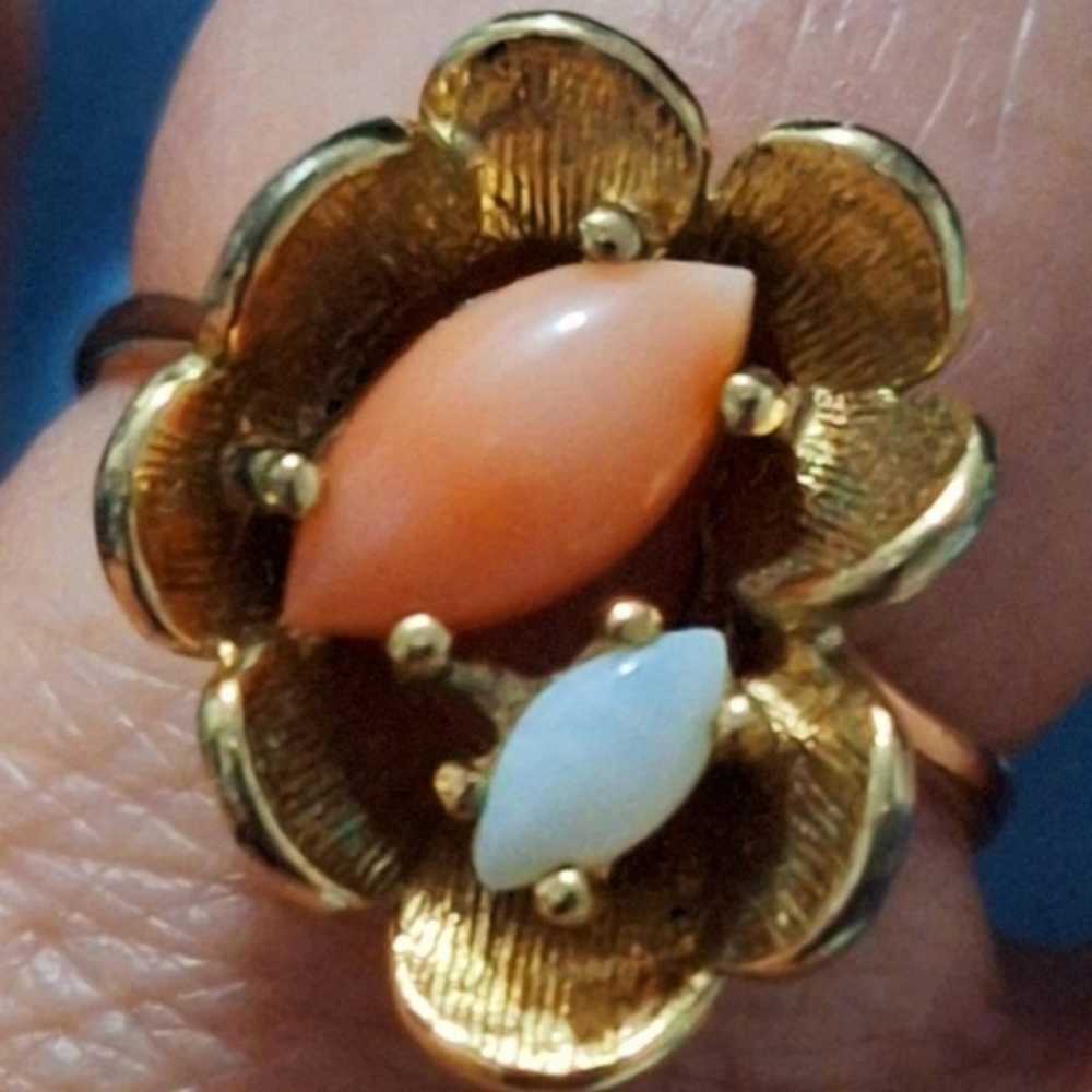 Gold Plated Pink Coral and Opal Vintage Ring - image 1