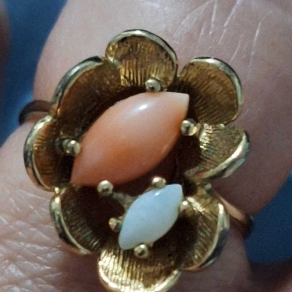 Gold Plated Pink Coral and Opal Vintage Ring - image 2