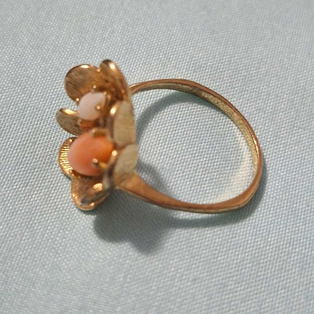 Gold Plated Pink Coral and Opal Vintage Ring - image 3