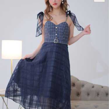 DEA Dress Long Blue Navy Check A-Line Ribbon - image 1