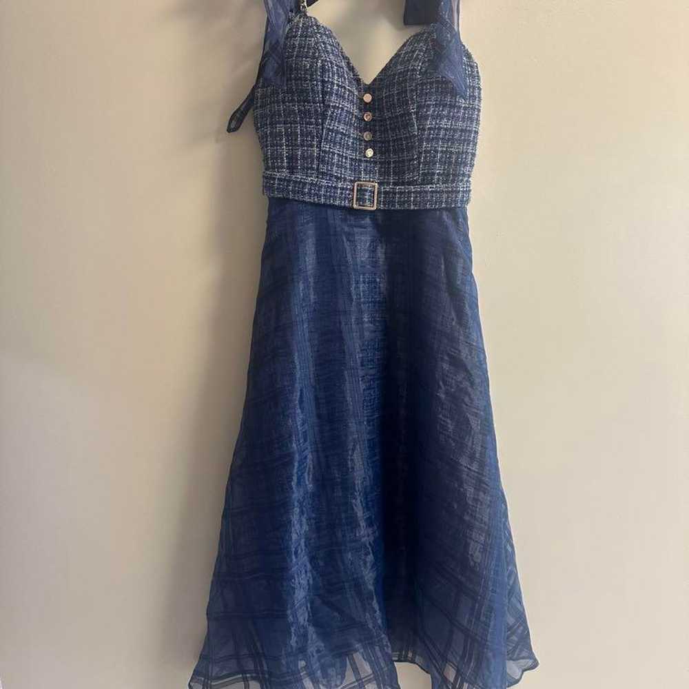 DEA Dress Long Blue Navy Check A-Line Ribbon - image 2