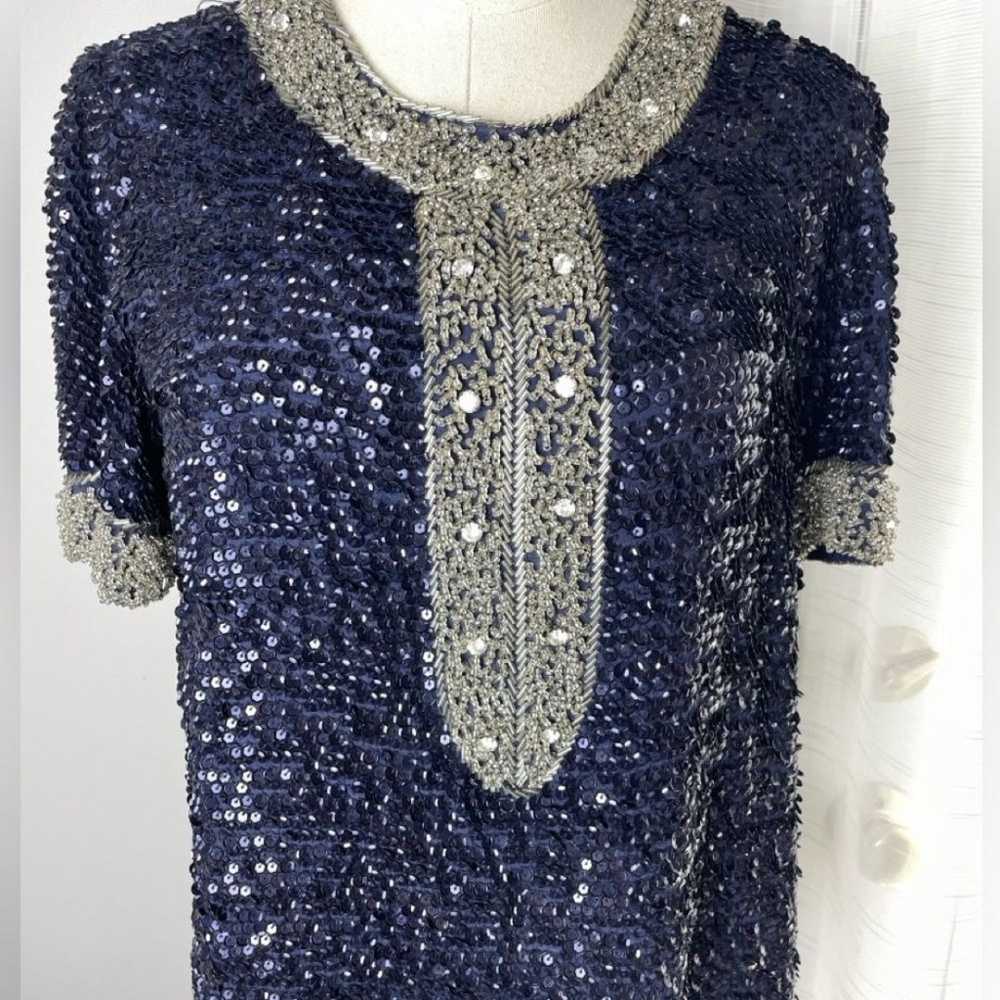 Candela NYC Blue & Silver Beaded Sequined Mini Sh… - image 6