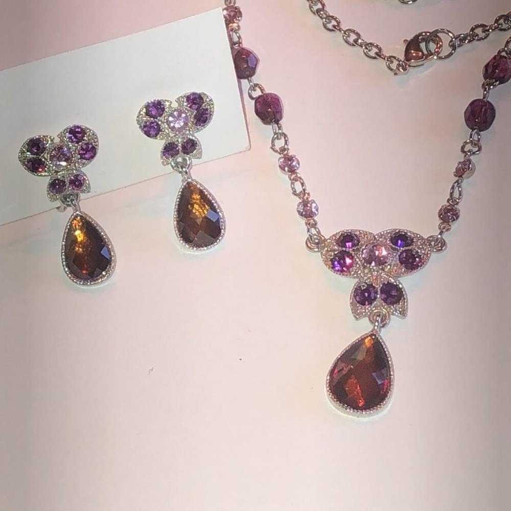 Silver Tone & Purple CZ Rhinestones Y Drop Pendan… - image 1