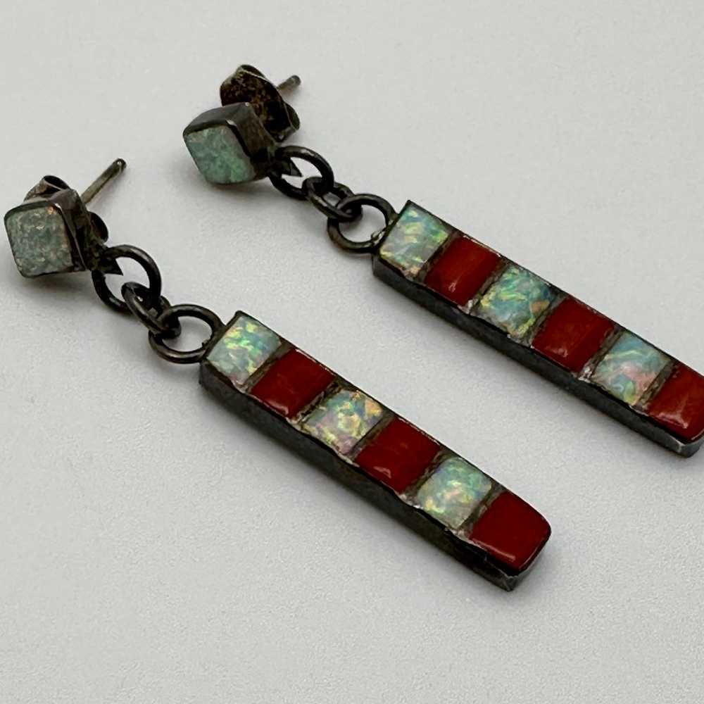 Vintage Zuni Bar Dangle Earrings Gemstone Inlaid … - image 1