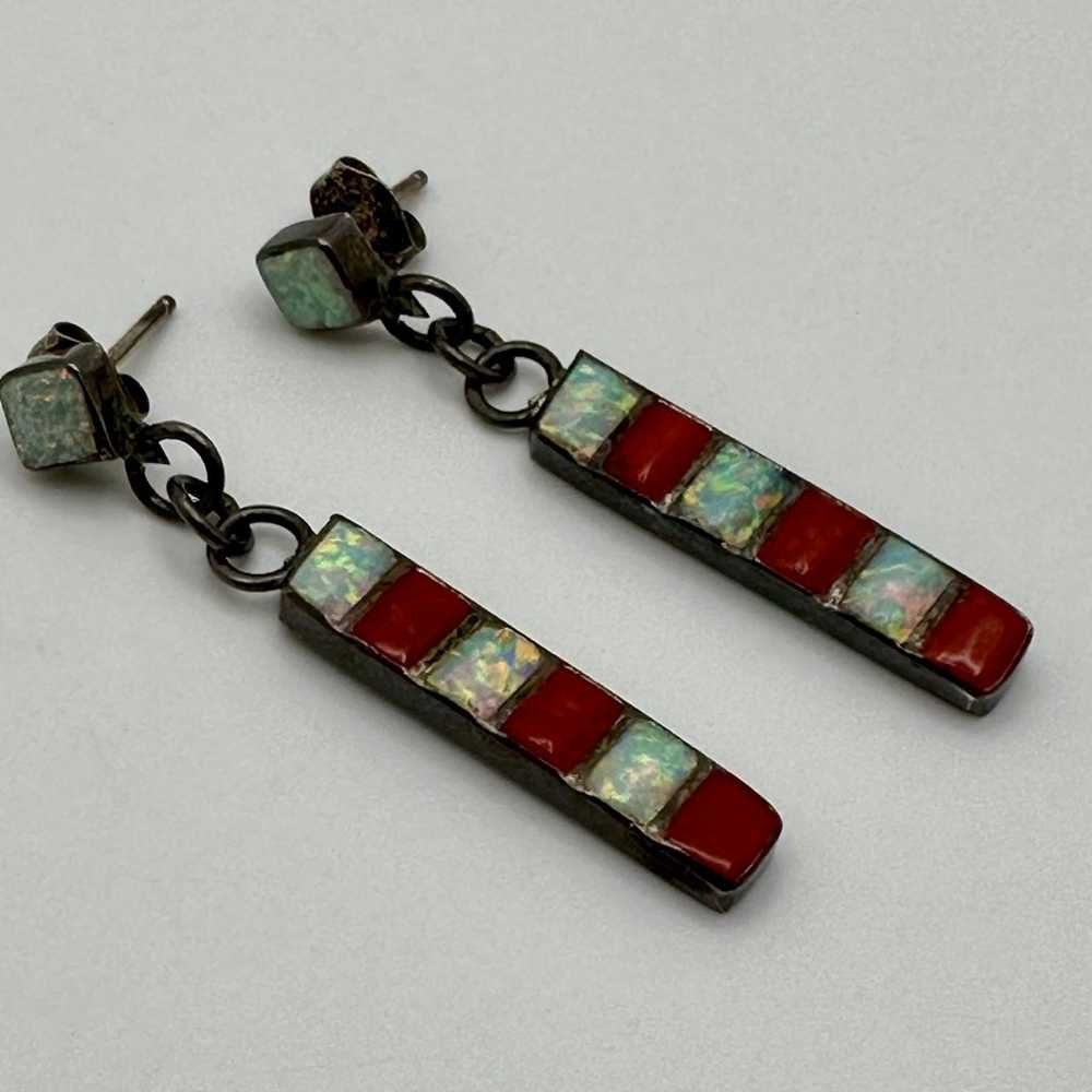 Vintage Zuni Bar Dangle Earrings Gemstone Inlaid … - image 2