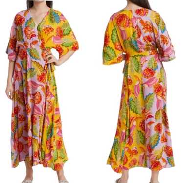 NWT 2024 Farm Rio Mixed Beaks & Bananas Maxi Wrap Dress Size Small