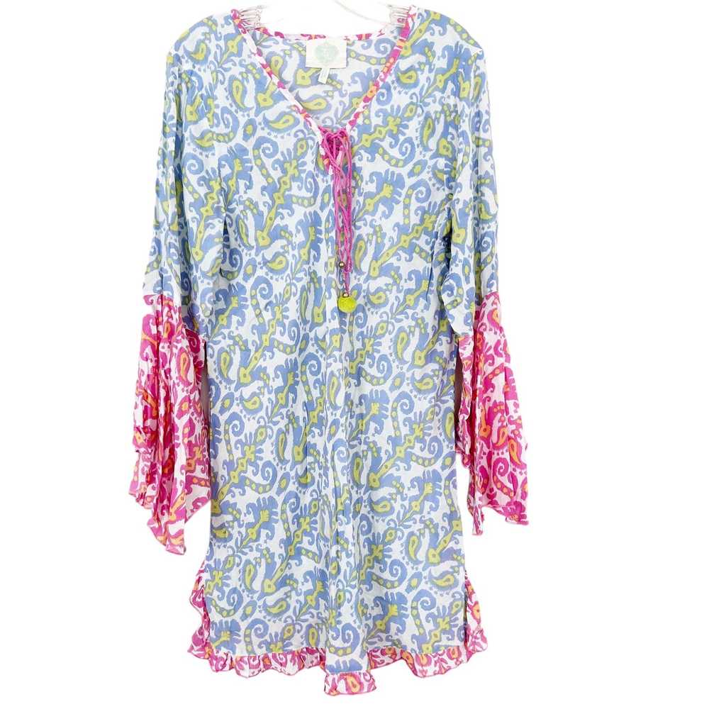 Other Z&L Europe Blue Pink Printed Bell Sleeve Dr… - image 1