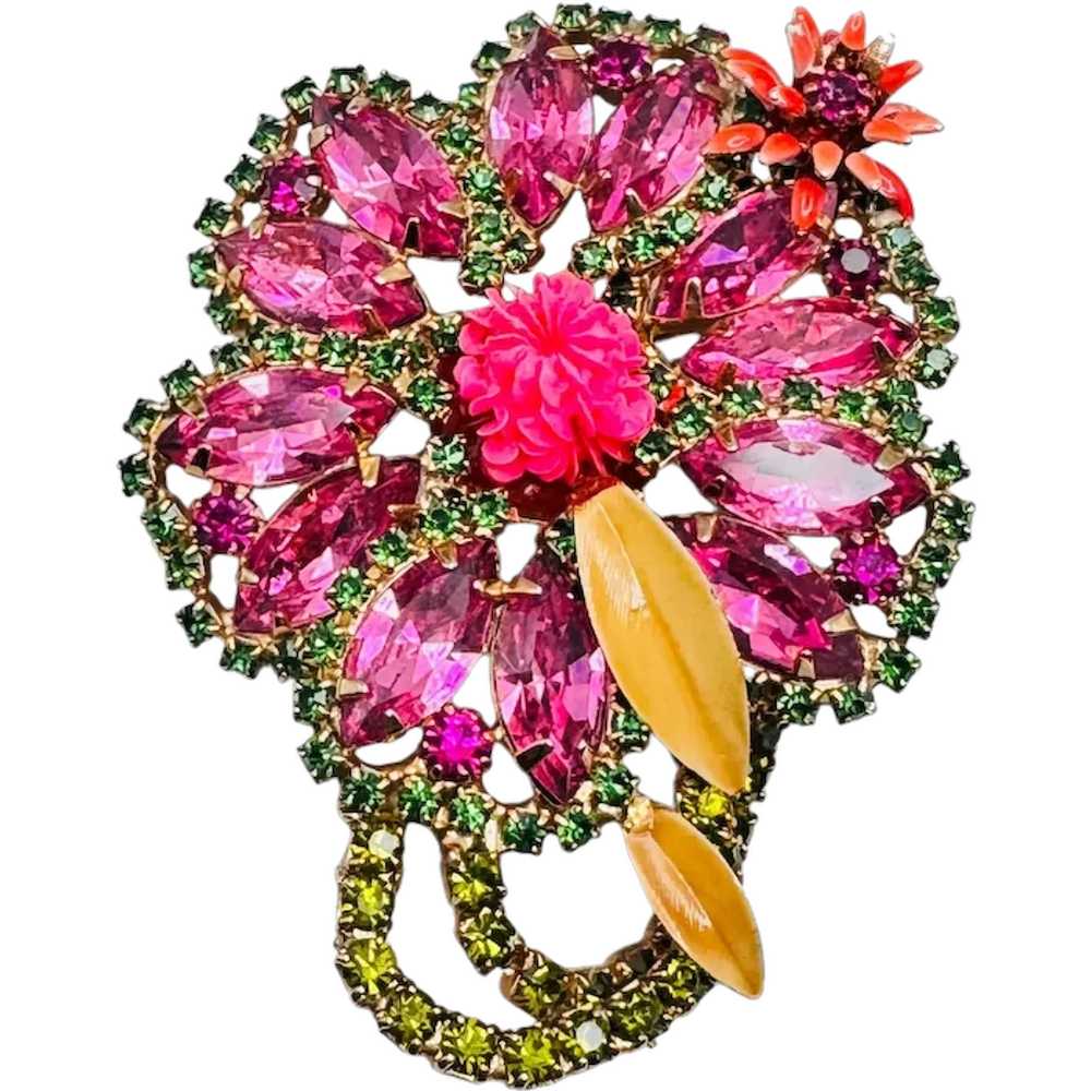 Vintage Pink Rhinestone Flower Brooch Unsigned Al… - image 1