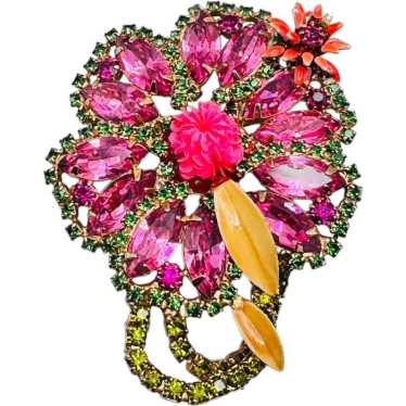 Vintage Pink Rhinestone Flower Brooch Unsigned Al… - image 1