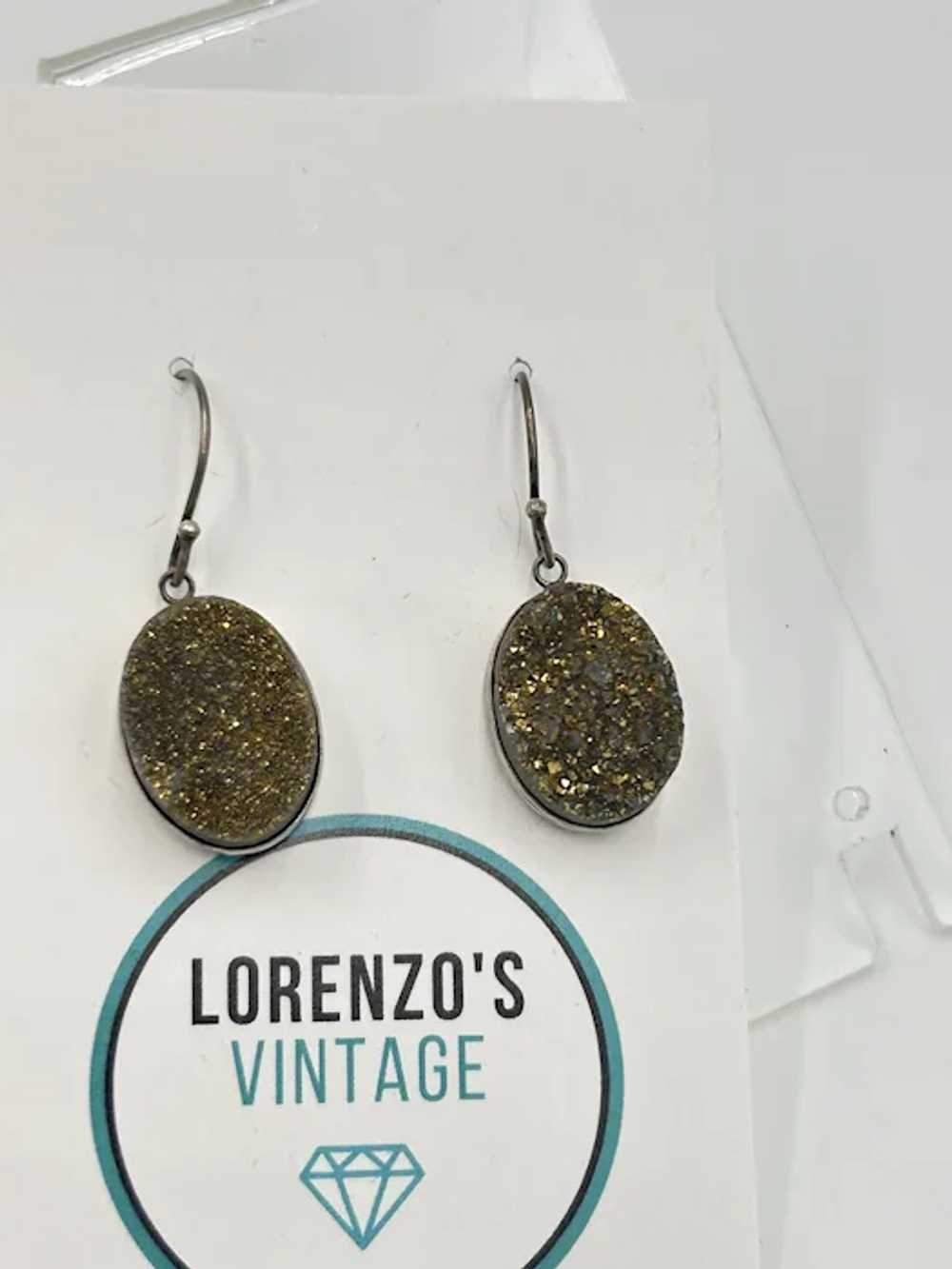 Golden Druzy Earrings Sterling Silver Pierced Dro… - image 2