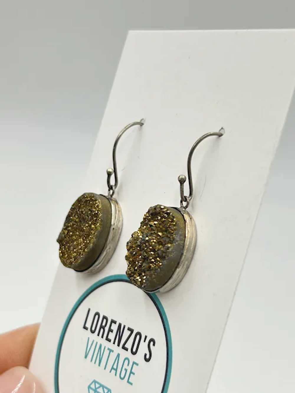 Golden Druzy Earrings Sterling Silver Pierced Dro… - image 3