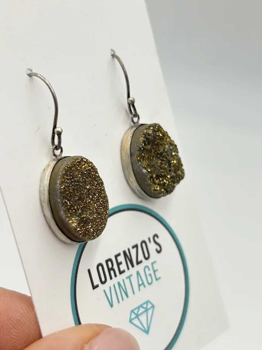 Golden Druzy Earrings Sterling Silver Pierced Dro… - image 4