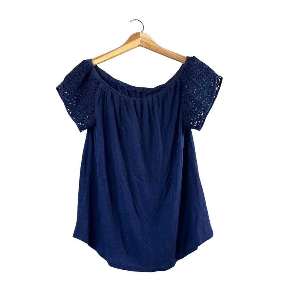 Merona Women's Blue Eyelet Lace Linen Blend Blous… - image 1