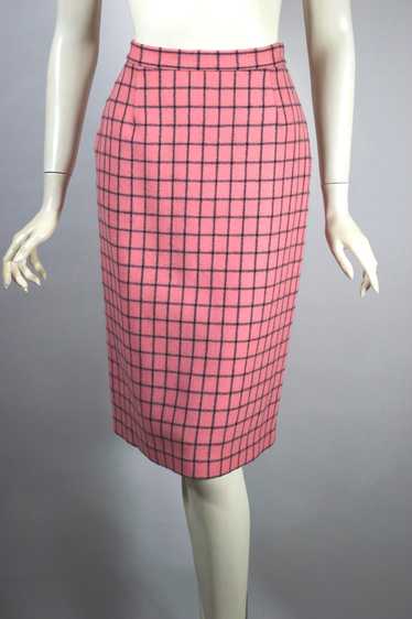 Pink black wool windowpane check pencil skirt 80s 