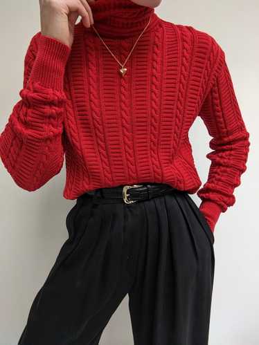 Vintage Cherry Cable Knit Cotton Mock Neck - image 1