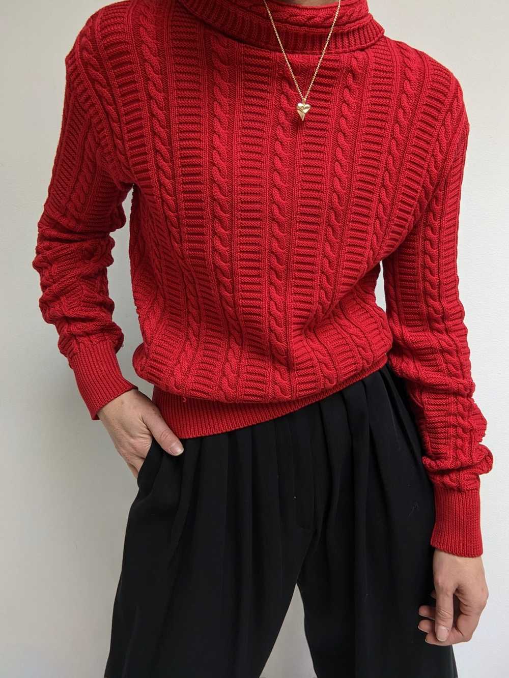 Vintage Cherry Cable Knit Cotton Mock Neck - image 2