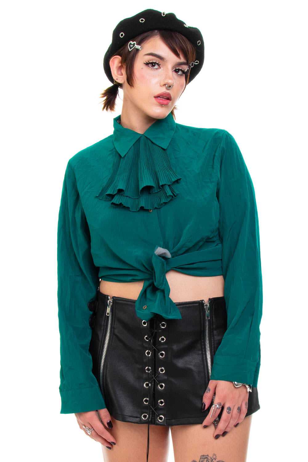 Vintage 90's Sophisticated Ruffle Emerald Blouse … - image 1