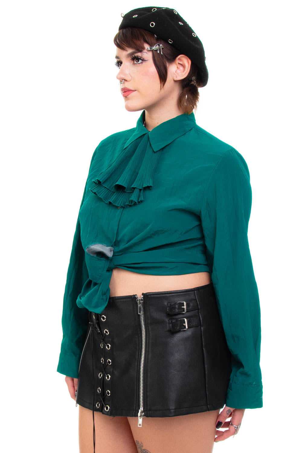 Vintage 90's Sophisticated Ruffle Emerald Blouse … - image 3