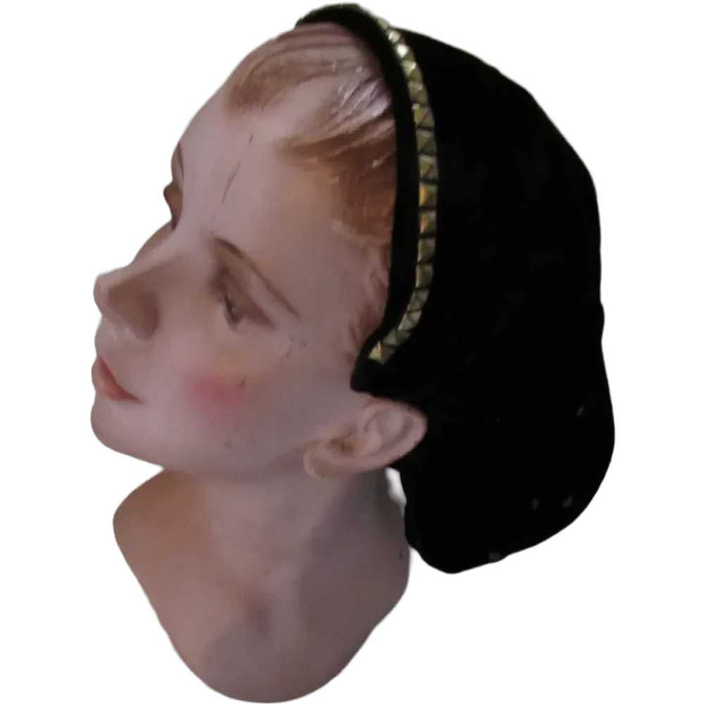 1940 Era Vintage Snood Head Cover Black Velvet Br… - image 1