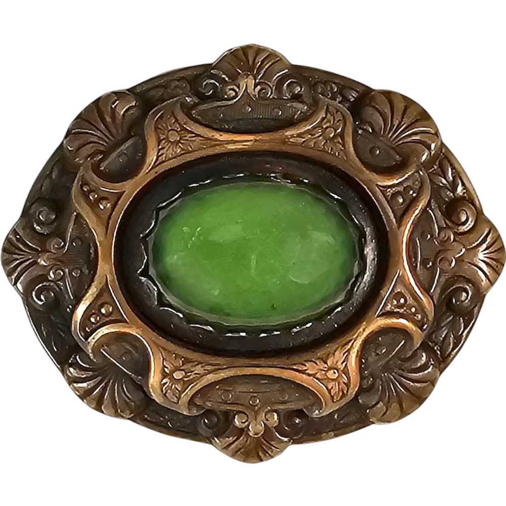 Vintage Victorian Style Bronzed Brass Green Caboc… - image 1