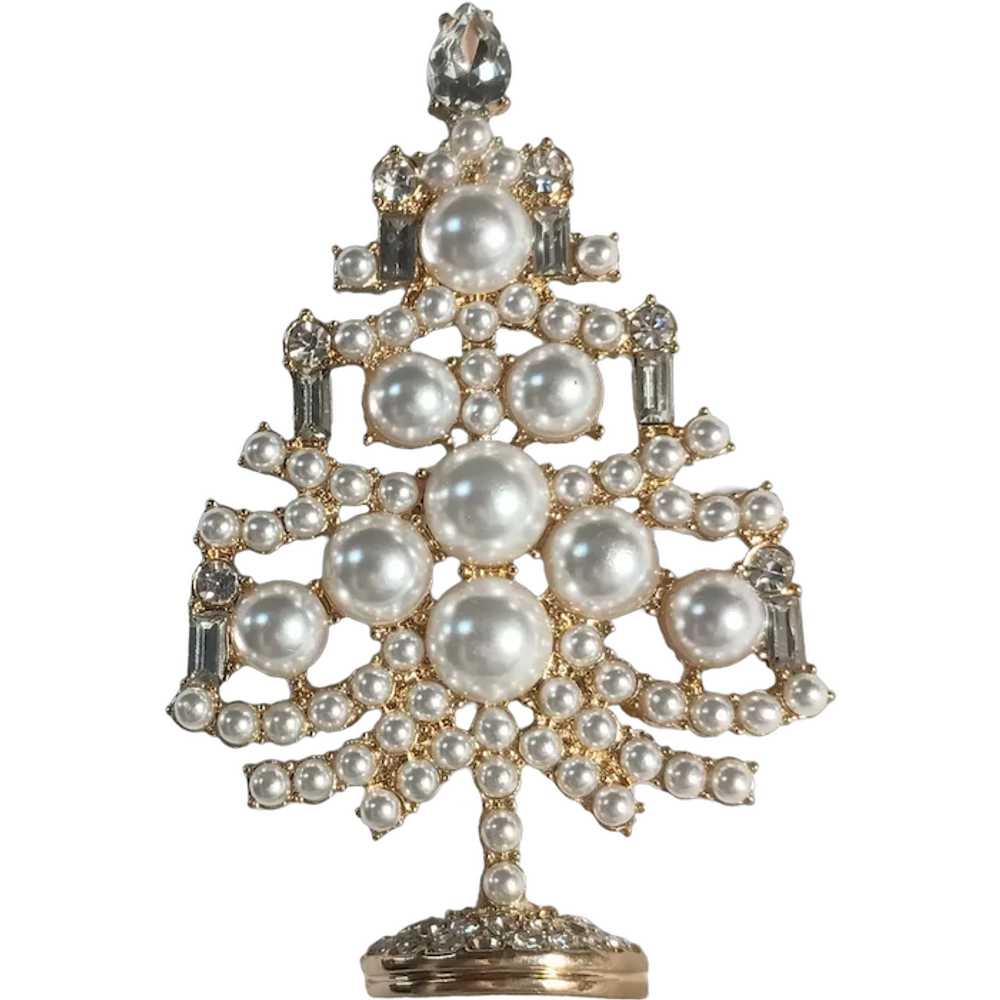 Napier Christmas tree brooch faux pearl rhineston… - image 1