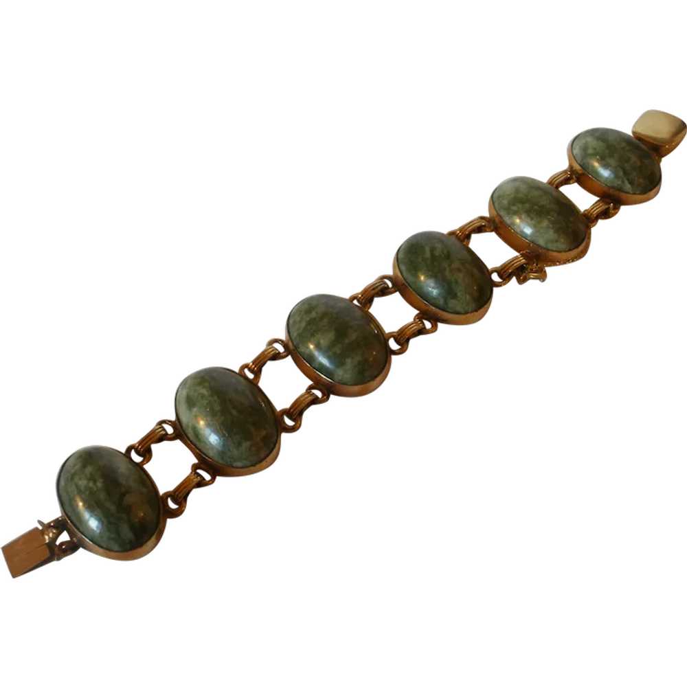 Very Wide Gold Filled Retro Era Jade Bracelet - image 1