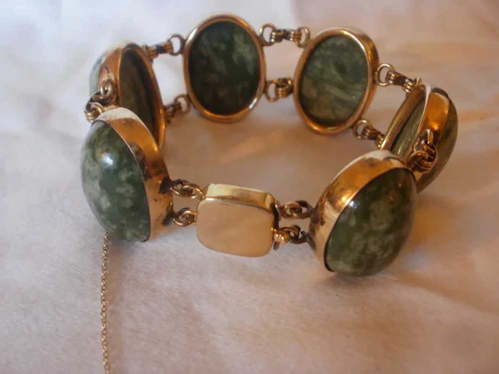 Very Wide Gold Filled Retro Era Jade Bracelet - image 4