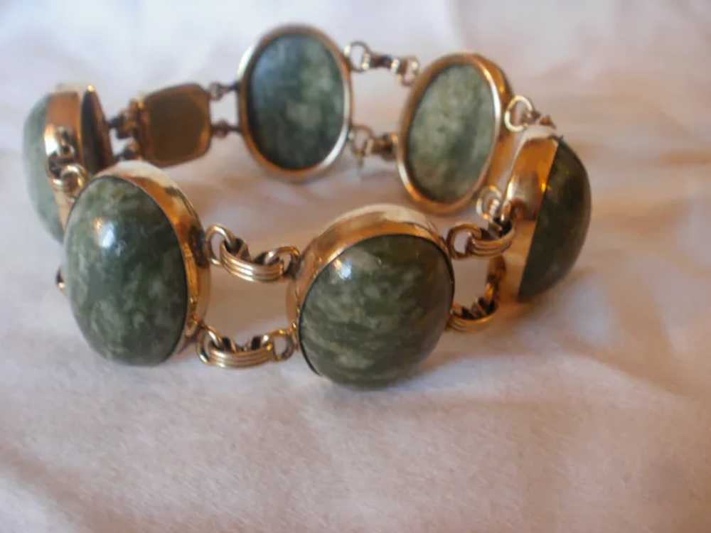 Very Wide Gold Filled Retro Era Jade Bracelet - image 5