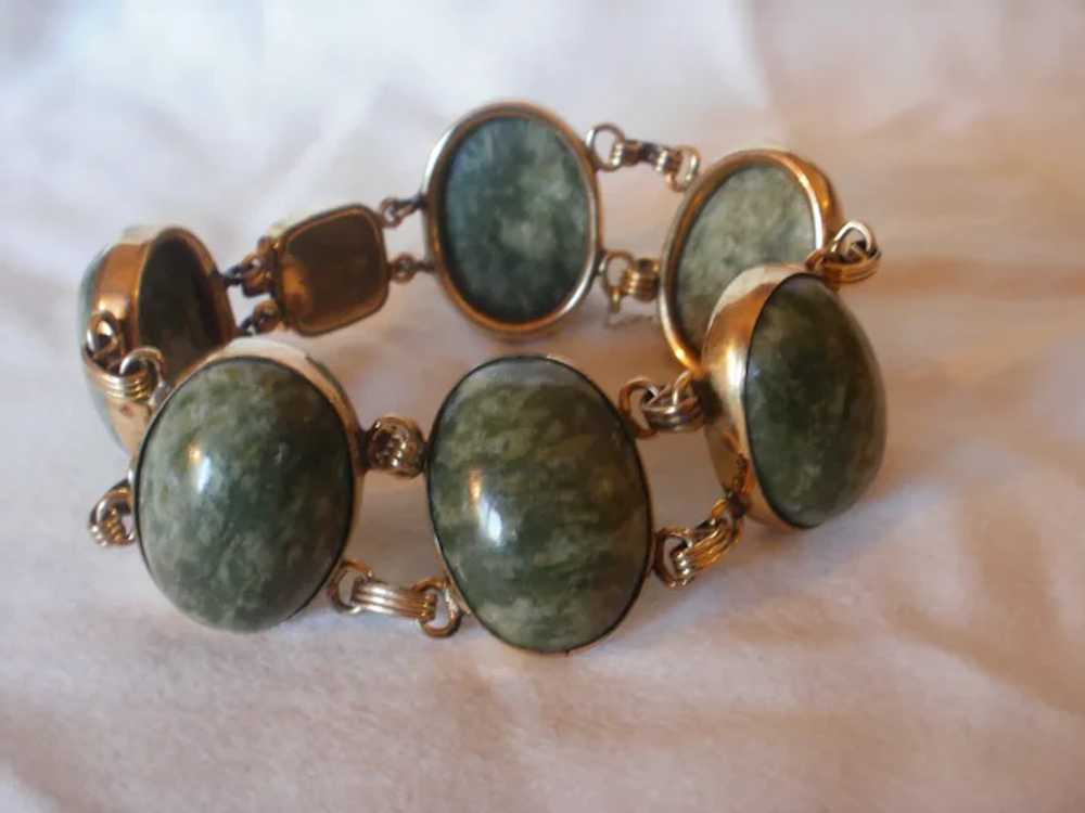 Very Wide Gold Filled Retro Era Jade Bracelet - image 6