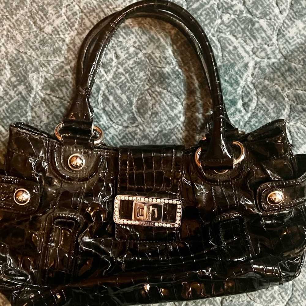 VINTAGE SHINY BLACK LARGE GUESS PURSE - image 1